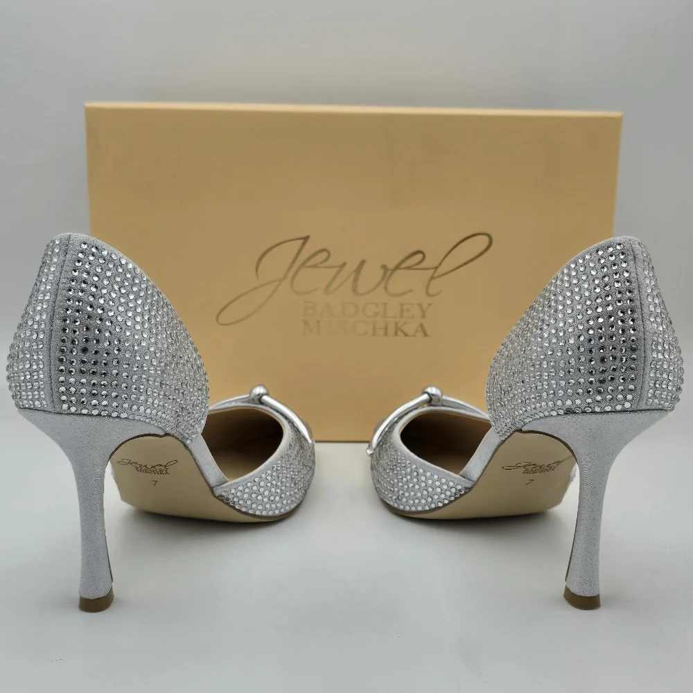 NIB Jewel Badgley Terresa D'Orsay Stiletto Pumps, Silver Textile, Women's Size 7 - Picture 7 of 16